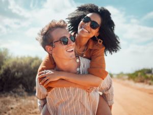 Couple carefree having fun outside.