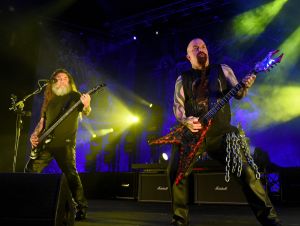 Bassist/singer Tom Araya (L) and guitarist Kerry King of Slayer perform at The Joint inside the Hard Rock Hotel & Casino on March 26, 2016 in Las Vegas, Nevada.