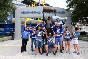 Tampa Bay Lightning fans pose outside of the arena prior to Game Three of the Eastern Conference Final