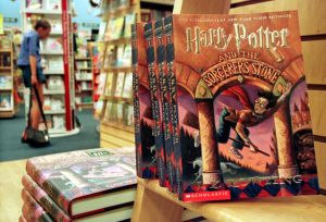 Harry Potter books in a library