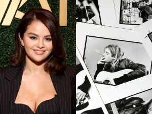 Selena Gomez attends the AFI Awards at Four Seasons Hotel Los Angeles at Beverly Hills on January 12, 2024 in Los Angeles, California; A selection of prints by Michel Linssen from the Redferns collection, depicting Kurt Cobain playing the guitar in a recording studio, pictured at the Getty Images Hulton Archive, London E16, 12th September 2023.