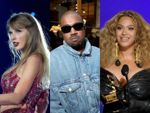 Taylor Swift on stage, Kanye in a jean jacket, and Beyoncé with a Grammy