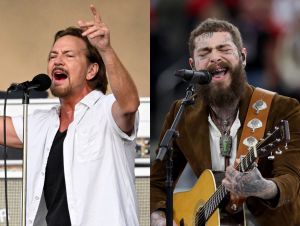 Eddie Vedder performing on stage; Post Malone performing at the 2024 Super Bowl.