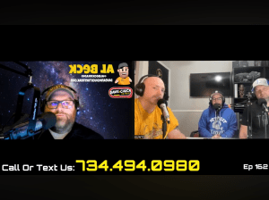 A screen shot from a Zoom meeting between Al Beck (on the left) and Nick, Joe and Rob (on the right), the hosts of the Keeping Up With the Cardassians podcast.