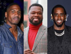 50 cent, Stevie j, diddy on a red carpet 50 Cent begins feud with Stevie J
