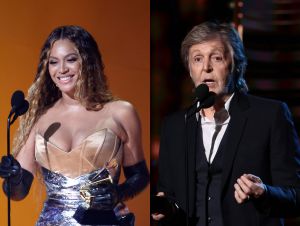Beyoncé accepts the Best Dance/Electronic Music Album award for “Renaissance” onstage during the 65th GRAMMY Awards at Crypto.com Arena on February 05, 2023 in Los Angeles, California; Paul McCartney speaks onstage during the 36th Annual Rock & Roll Hall Of Fame Induction Ceremony at Rocket Mortgage Fieldhouse on October 30, 2021 in Cleveland, Ohio.