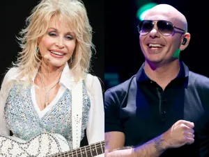 Dolly Parton on stage in a white outfit and Pitbull on stage in a black polo shirt and sunglasses.