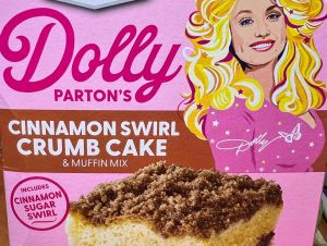 A box of Dolly Parton's Cinnamon Crumb Cake Mix from Ducan Hines.