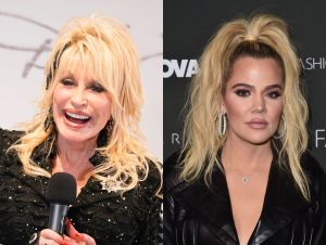 Dolly Parton is holding a mic, laughing in a black outfit, and Khloe Kardashian is wearing black.