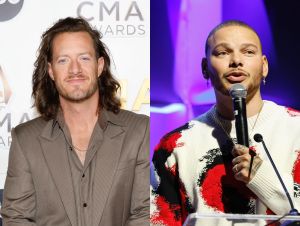 Tyler Hubbard posing in a brown suit, and Kane Brown on stage in a white and red sweater.