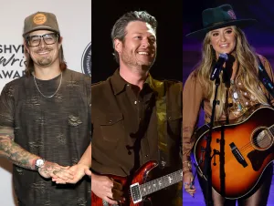 HARDY's Difftape - HARDY Poses in a camo t-shirt and ball cap, Blake Shelton is on stage in a brown shirt, and Lainey Wilson is on stage in a brown shirt and hat.