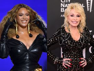 Beyonce's Cover Of Dolly Parton's 'Jolene' - Beyonce smiling in a black dress and Dolly Parton smiilng in a black dress.