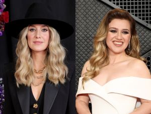 Lainey Wilson in a back pantsuit and black hat and Kelly Clarkson in a white dress.