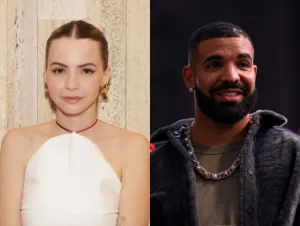 Bobbi Althoff in a white dress and Drake in a grey jacket