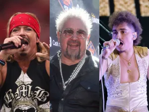 Bret Michaels performing on stage; Guy Fieri posing for a photo; Josh Kiszka of Greta Van Fleet performing on stage.