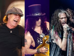 Brian Johnson performing on stage; Slash performing on stage; Steven Tyler performing on stage.