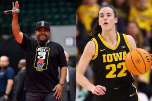 Ice Cube holding a microphone and Caitlin Clark from Iowa with a basketball. Caitlin Clark BIG3 contract offer was announced.