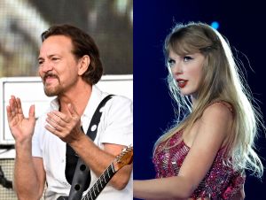 Eddie Vedder performing on stage; Taylor Swift performing on stage.