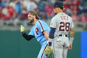 Bryce Harper #3 of the Philadelphia Phillies reacts in front of Javier Baez #28 of the Detroit Tigers after hitting a double. 9 teams will wear a city connect jersey in 2024.