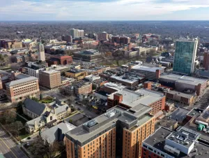 Downtown Ann Arbor, Hill Auditorium and the University of Michigan campus.