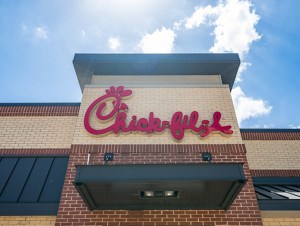 A Chick-fil-A restaurant, close up of sign