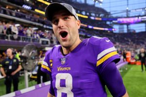 Kirk Cousins #8 of the Minnesota Vikings celebrates on the field after defeating the Indianapolis Colts at U.S. Bank Stadium on December 17, 2022 in Minneapolis, Minnesota.