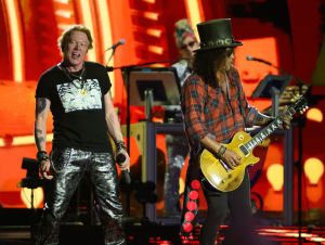 Axl Rose (L) and Slash of Guns N' Roses perform on the Pyramid Stage on Day 4 of Glastonbury Festival 2023 on June 24, 2023 in Glastonbury, England.