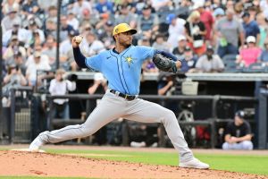 Taj Bradley #45 of the Tampa Bay Rays pitches against the New York Yankees in the second inning during a 2024 Grapefruit League Spring Training game.