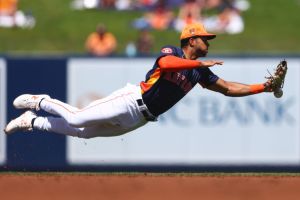 Jeremy Pena #3 of the Houston Astros attempts to catch the ball for an out against the Detroit Tigers during the third inning in a spring training game at CACTI Park of the Palm Beaches on March 11, 2024 in West Palm Beach, Florida.