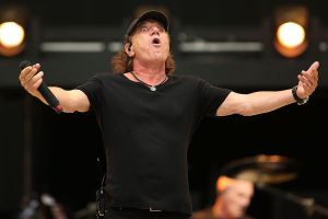 Brian Johnson of AC/DC performs on stage during a media call ahead of their 'Rock or Bust' world tour at ANZ Stadium on November 3, 2015 in Sydney, Australia.