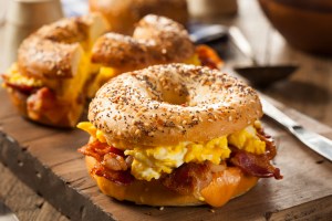 Hearty Breakfast Sandwich on a Bagel with Egg Bacon and Cheese. The best breakfast sandwich in Michigan can be found at Zingerman's deli.