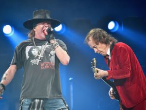 Axl Rose (L) and Angus Young of AC/DC perform during the AC/DC Rock Or Bust Tour at Madison Square Garden on September 14, 2016 in New York City.