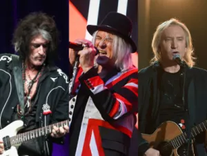 Joe Perry playing guitar on stage; Joe Elliott singing on stage; Joe Walsh playing guitar and singing on stage. Three famous Joes of Classic Rock!