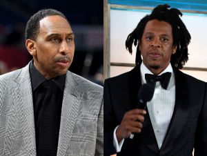 Stephen A Smith with a grey jacket and Jay-Z holding a mic