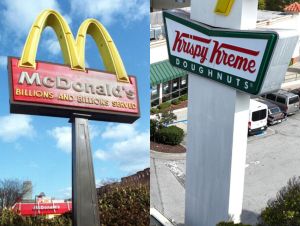 (Left) McDonald's sign outside, (Right) Krispy Kreme sign outside