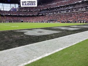 A view of the grass shows the south end zone in the second quarter of a game between the Denver Broncos and the Las Vegas Raiders at Allegiant Stadium on January 07, 2024 in Las Vegas, Nevada.