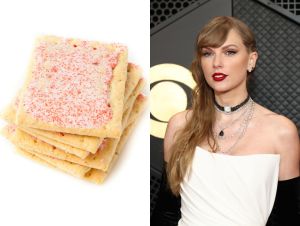 Split image, Hot Strawberry Toaster Pastry with frosting and sprinkles, pop-tarts and taylor swift on grammy caret in white dress