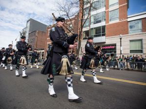 The Boston Police Gaelic Column of Pipes and Drums marches during the annual South Boston St. Patrick's Parade passes on March 20, 2016 in Boston, Massachusetts.