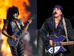 (Left) Paul Stanley playing guitar on stage in front of fire (Right) Steven Van Zandt playing a purple guitar on stage