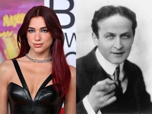 (Left) Dua Lipa attends the BRIT Awards 2024 in black strappy dress, (Right) Hungarian-born American magician and escape artist Harry Houdini
