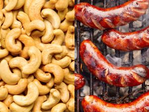 (Left) Cashew nuts as food background, (Right) Grilled sausages on a cast iron grill, top view
