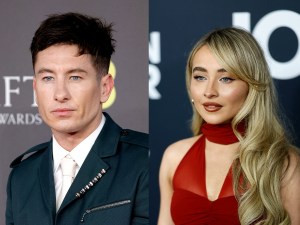 Barry Keoghan attends the EE BAFTA Film Awards 2024 wearing a studded suit looking left, Sabrina Carpenter attends 2024 MusiCares Person Of The Year Honoring Jon Bon Jovi wearing a red gown looking left.