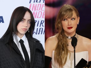 Billie Eilish attends the 2024 Film Independent Spirit Awards facing left wearing a suit and tie, Taylor Swift accepts the Best Pop Vocal Album award for “Midnights” onstage during the 66th GRAMMY Awards looking left smiling wearing a sleeveless gown and black opera gloves, Billie Eilish Seemingly Shades Taylor Swift Over 'Wasteful' Vinyls.