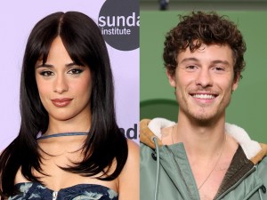 Camila Cabello attends the "Rob Peace" Premiere during the 2024 Sundance Film Festival smirking wearing a strapless gown, Shawn Mendes attends the Loewe Womenswear Fall/Winter 2024-2025 show as part of Paris Fashion Week grinning wearing a open green jacket.