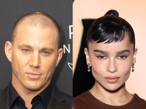 Channing Tatum attends the Kering Caring For Women Dinner smiling wearing a black button up shirt and foundation with head shaved down low, Zoë Kravitz attends the Saint Laurent Womenswear Fall/Winter 2024-2025 show as part of Paris Fashion Week wearing a brown top and side swept slick bangs.