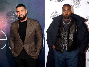 Drake with a brown jacket and Kanye with a leather jacket