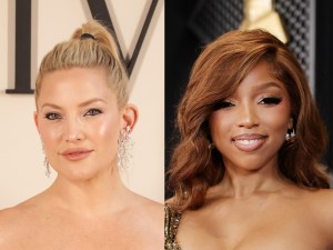 Kate Hudson attends the Giorgio Armani Privé Haute Couture Fall/Winter 2023/2024 show as part of Paris Fashion Week smiling with her hair in a bun wearing a strapless gown, Chlöe attends the 66th GRAMMY Awards smiling with auburn hair and a golden gown.