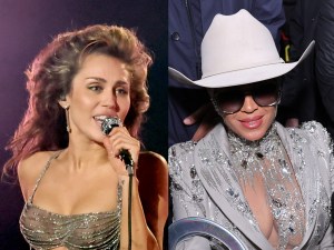 Miley Cyrus performs onstage during the 66th GRAMMY Awards looking right, Beyoncé attends the Luar fashion show during New York Fashion Week wearing a white cowboy hat and silver suit, Miley Cyrus Is Featured On Beyoncé’s Cowboy Carter.
