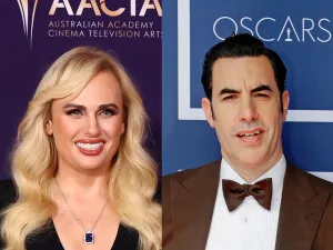 Rebel Wilson attends the 2024 AACTA Awards smiling wearing a black dress looking right, Sacha Baron Cohen attends a screening of the Oscars wearing a brown suit, Rebel Wilson: Names Sacha Baron Cohen For Blocking Memoir.