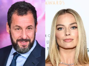 Adam Sandler attends the premiere of Netflix's "Spaceman" smiling looking right wearing a navy suit, Margot Robbie attends the 35th Annual Producers Guild Awards with straight blonde hair.